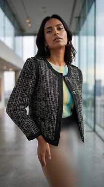 H&M Black and White Tweed Textured Jacket with Decorative Embellishments